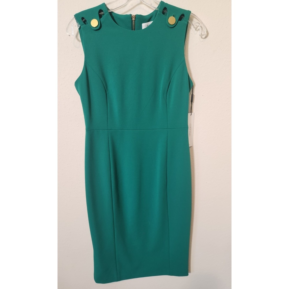 NWT Calvin Klein Sleeveless Green Gold Sheath Dress Stretch Full Zip Office Sz 6